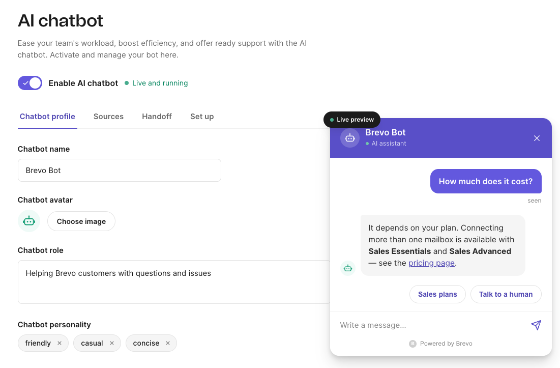 Brevo AI-Chatbot beantwortet eine Kundenfrage in einem Website-Chat-Widget