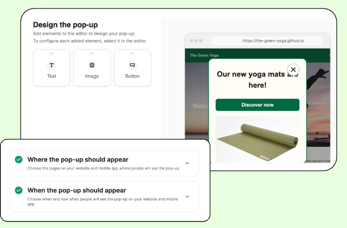 Brevo Pop-up-Designer mit Live-Vorschau eines Promotion-Pop-ups auf einer Website